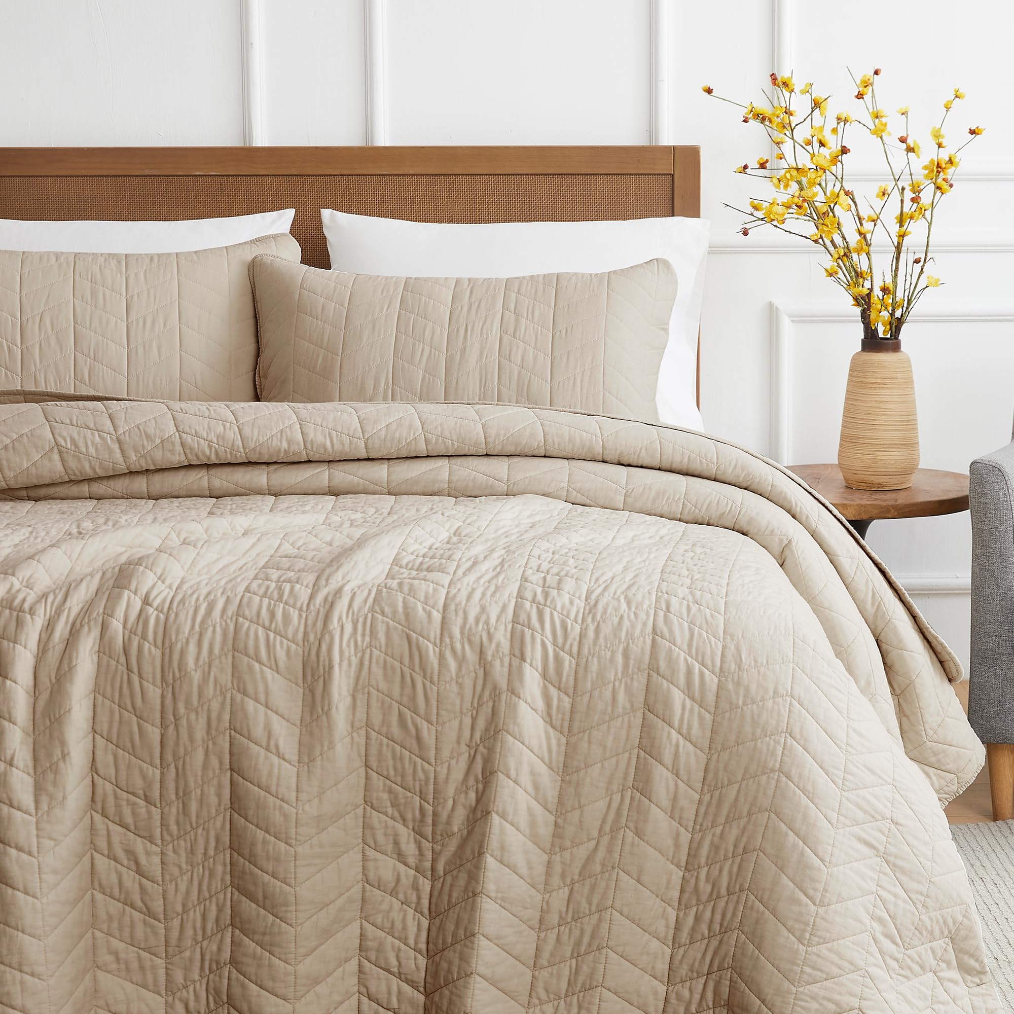 Palassio Dark Beige 100% Cotton Quilt Queen Size Bedding Sets With Pillow Shams, Lightweight Soft Bedspread Coverlet, Quilted Co